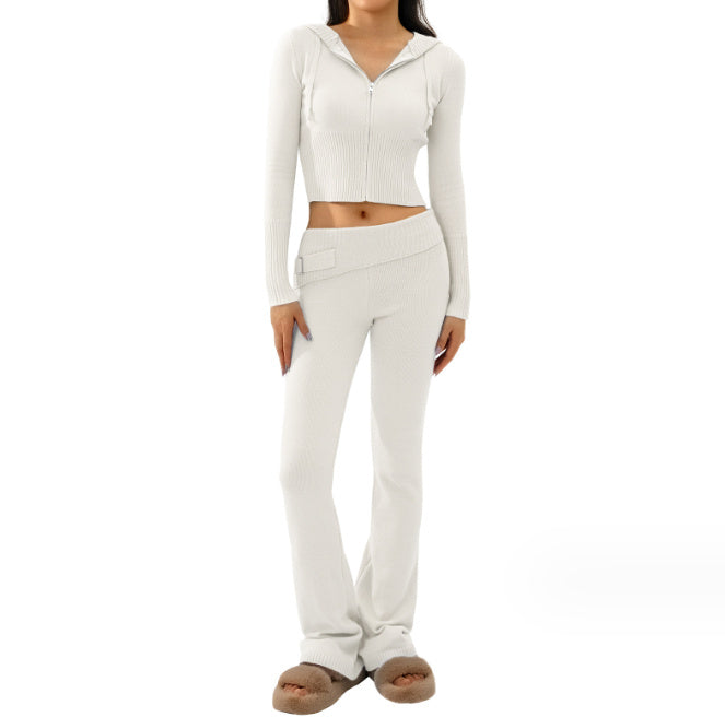 Women’s Form fitting Style Cross-border Knitted Hooded Long Sleeve Two-piece Set