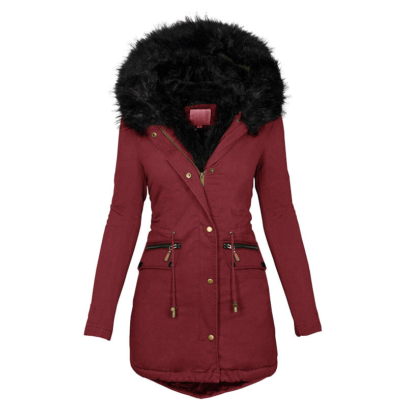 Women's Plush Hooded Parkas Winter Warm Thick Zip-up Jackets Casual Mid-length with Solid Buckle Pockets.