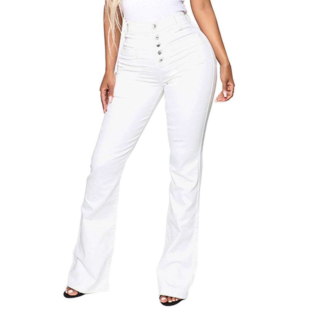 Pencil Style Ladies Buttoned Patch Pockets Washed Trousers Jeans