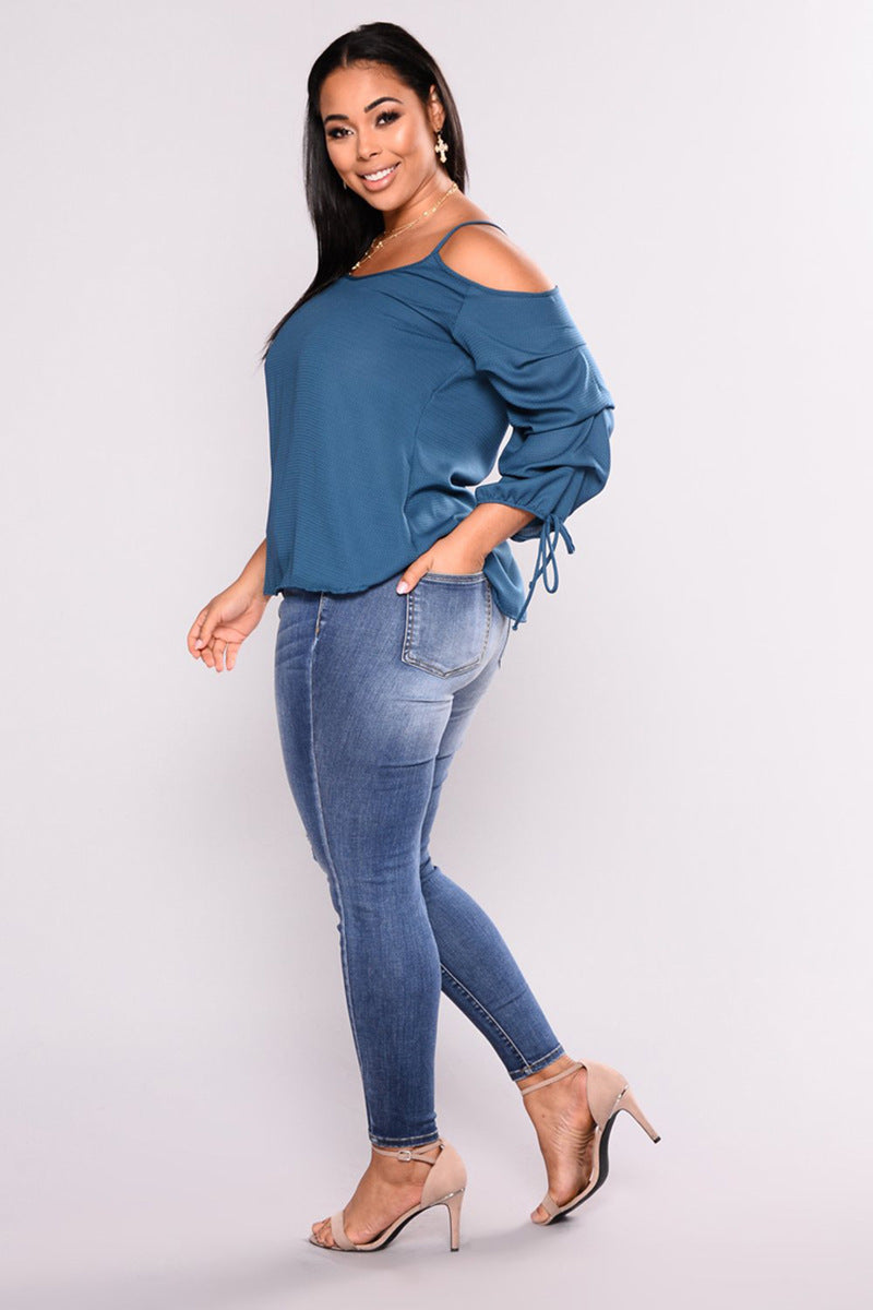 Plus size with rip/hole high elastic women's jeans