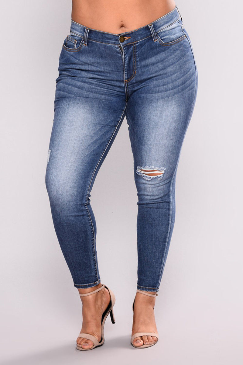 Plus size with rip/hole high elastic women's jeans
