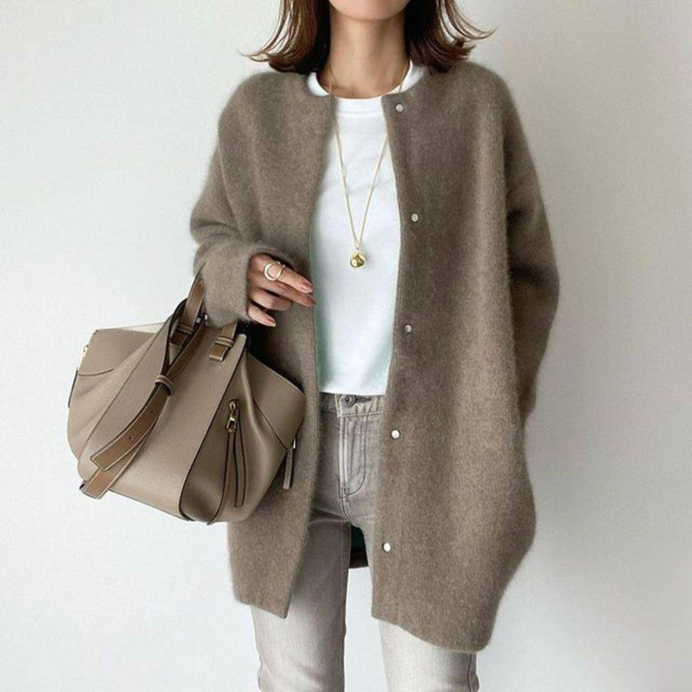 Women’s Loose fit Round Neck Single Breasted Premium hand knit Cardigan Solid Color Coat