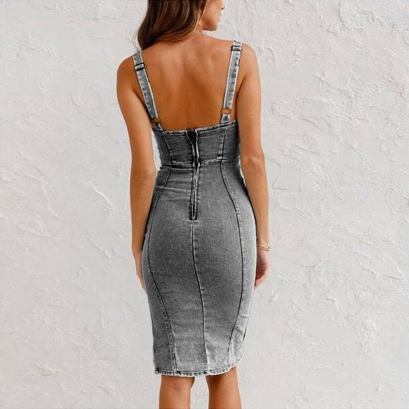New U-neck Suspender Denim Dress Casual Tight Slim Fit Dresses With Slit