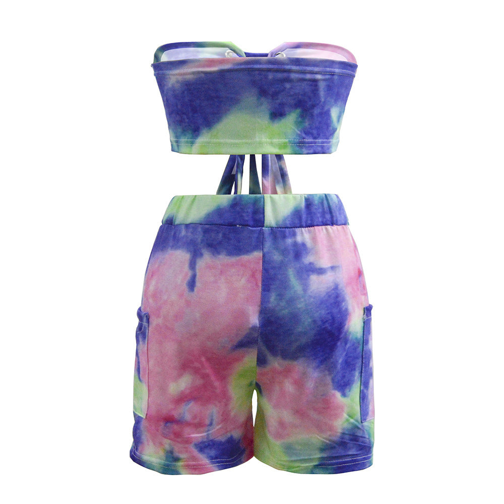 Custom Tie-dye Printed Lace-up Tube Top Shorts Suit