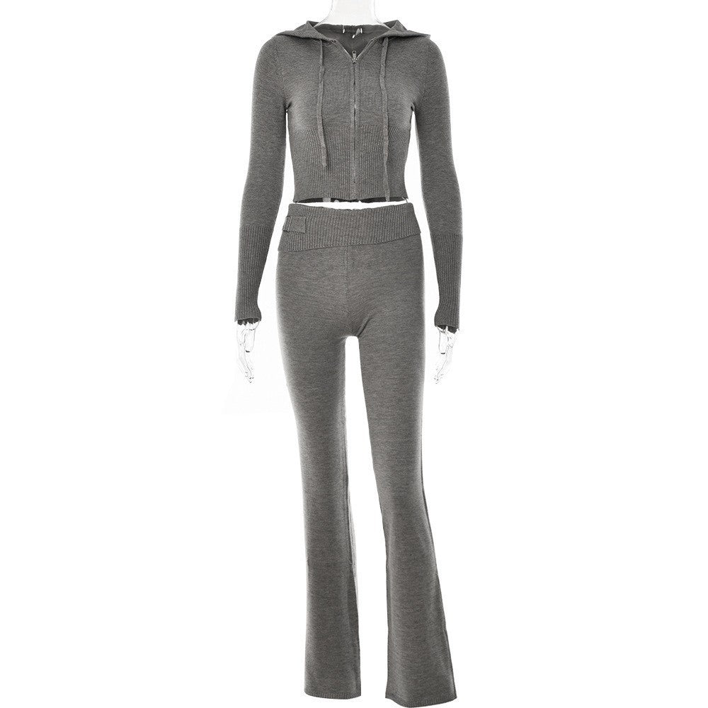 Women’s Form fitting Style Cross-border Knitted Hooded Long Sleeve Two-piece Set