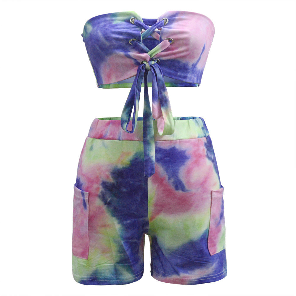 Custom Tie-dye Printed Lace-up Tube Top Shorts Suit