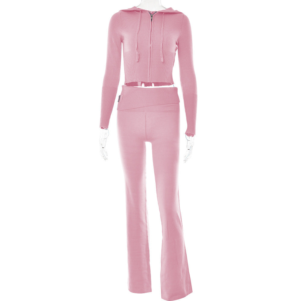 Women’s Form fitting Style Cross-border Knitted Hooded Long Sleeve Two-piece Set