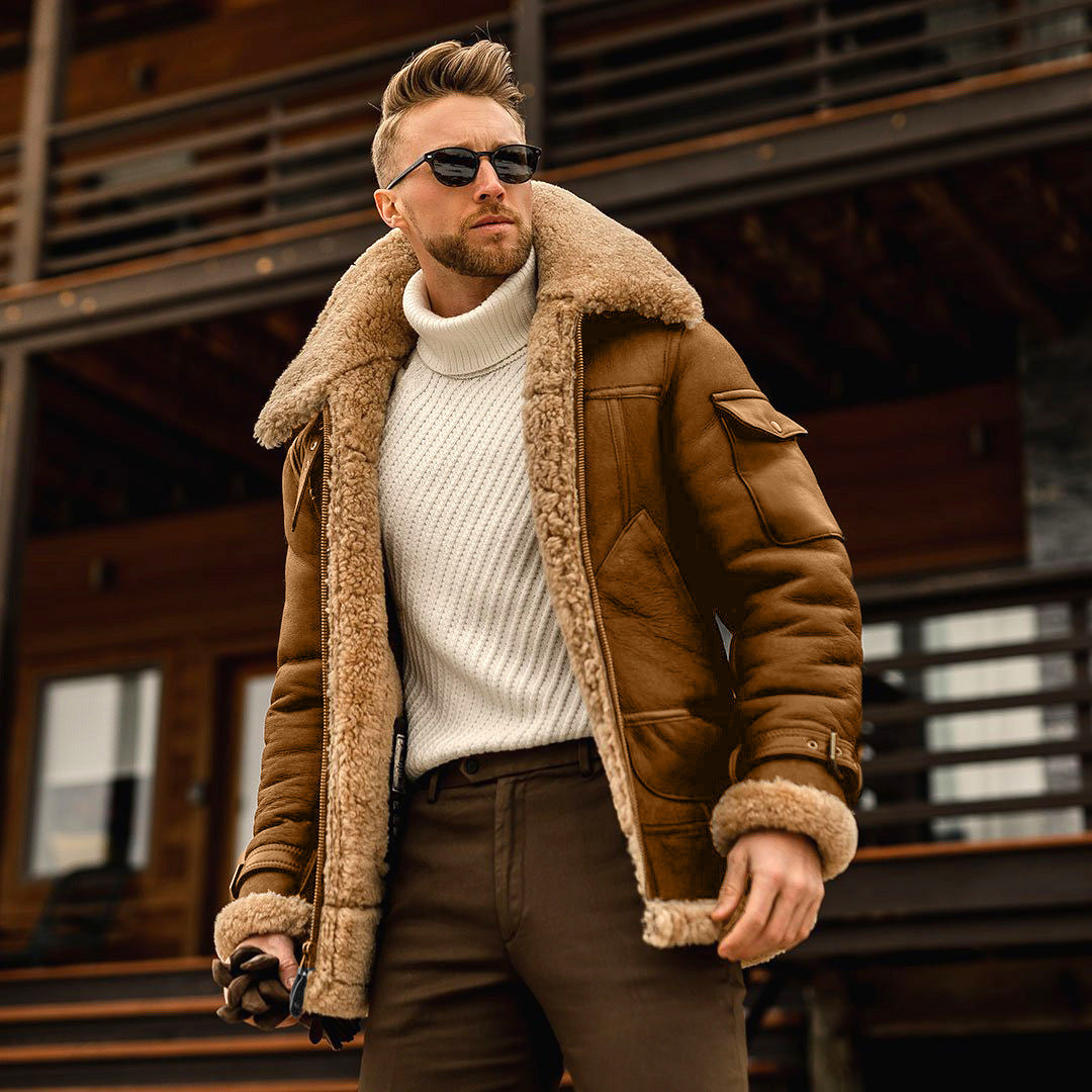 Men’s Suede PU leather blend faux and fleece Collar Coat