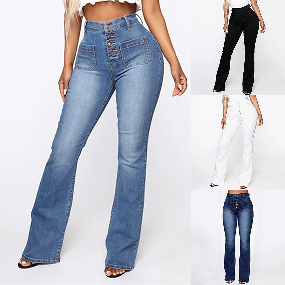 Pencil Style Ladies Buttoned Patch Pockets Washed Trousers Jeans