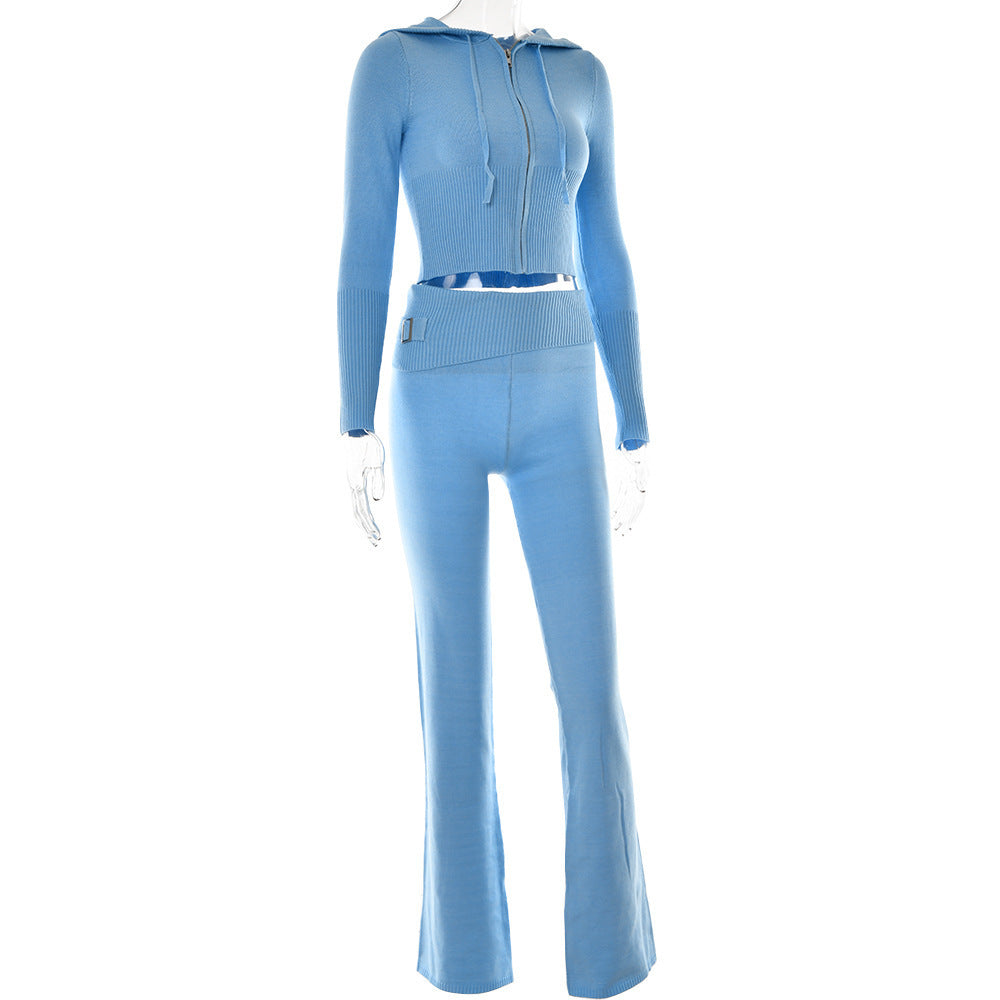 Women’s Form fitting Style Cross-border Knitted Hooded Long Sleeve Two-piece Set