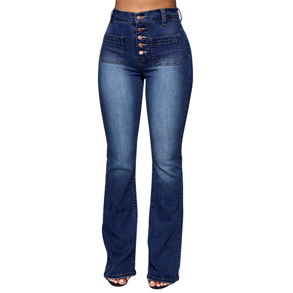 Pencil Style Ladies Buttoned Patch Pockets Washed Trousers Jeans