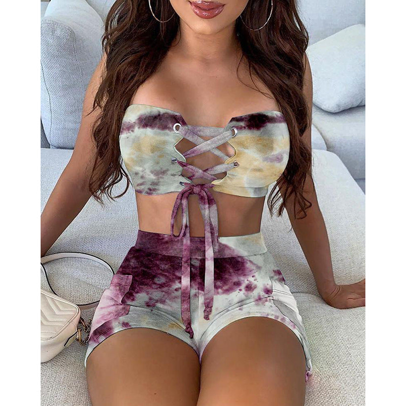 Custom Tie-dye Printed Lace-up Tube Top Shorts Suit