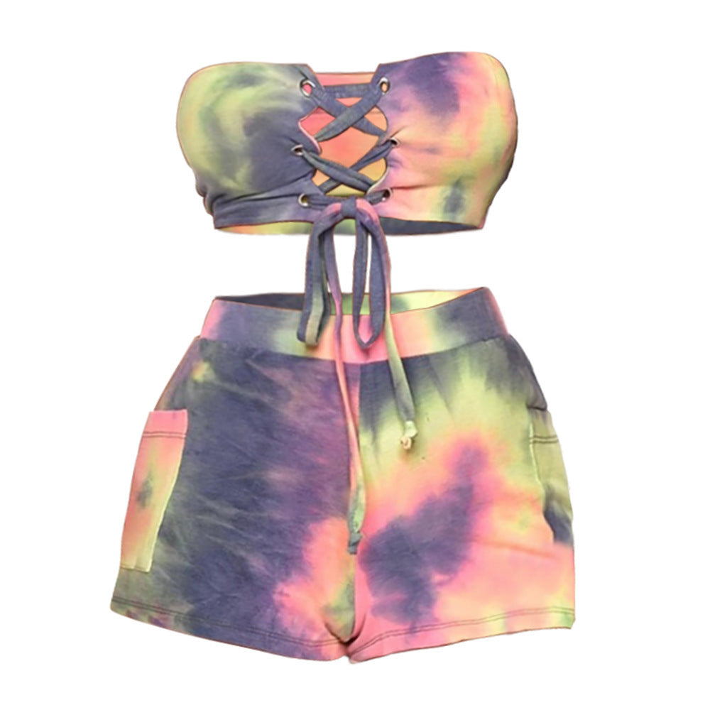 Custom Tie-dye Printed Lace-up Tube Top Shorts Suit