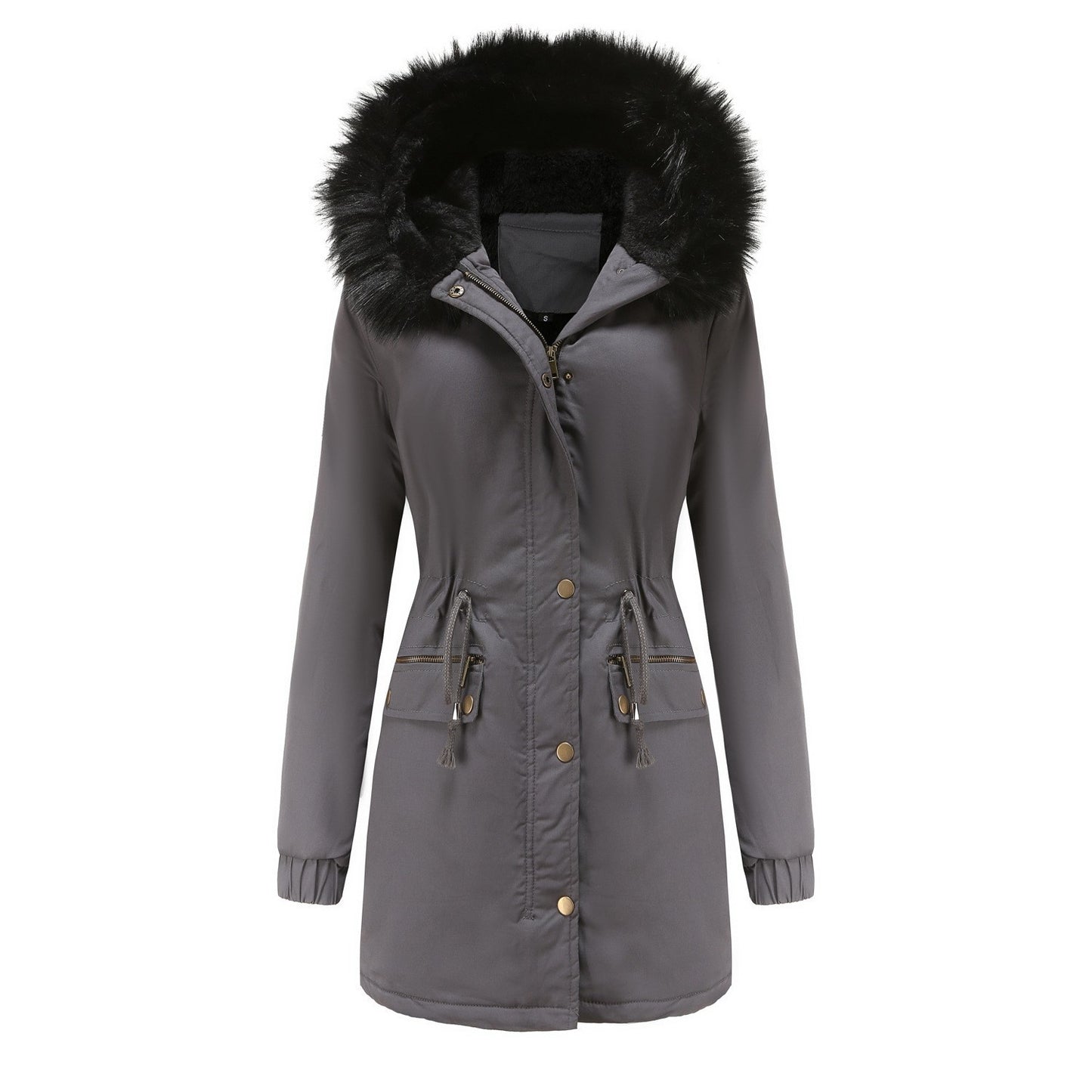 Women's Plush Hooded Parkas Winter Warm Thick  Zip-up Jackets Casual Mid-length with Solid Buckle Pockets.