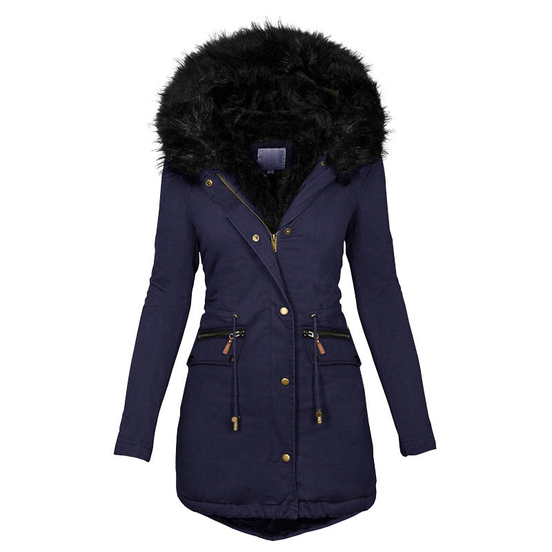 Women's Plush Hooded Parkas Winter Warm Thick  Zip-up Jackets Casual Mid-length with Solid Buckle Pockets.