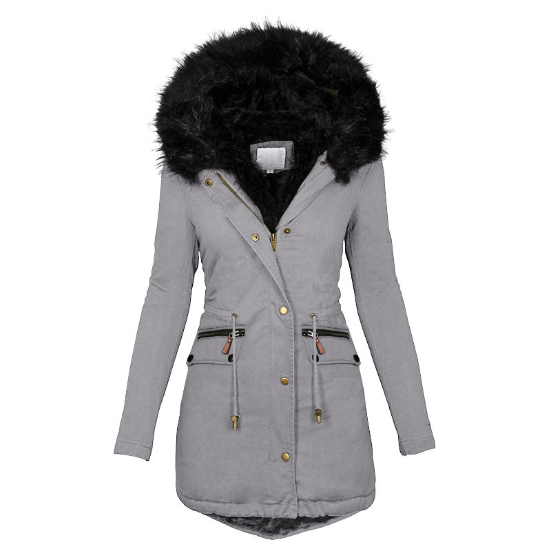 Women's Plush Hooded Parkas Winter Warm Thick  Zip-up Jackets Casual Mid-length with Solid Buckle Pockets.