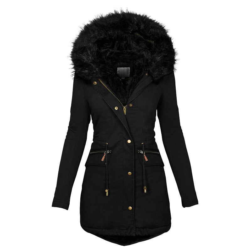 Women's Plush Hooded Parkas Winter Warm Thick  Zip-up Jackets Casual Mid-length with Solid Buckle Pockets.