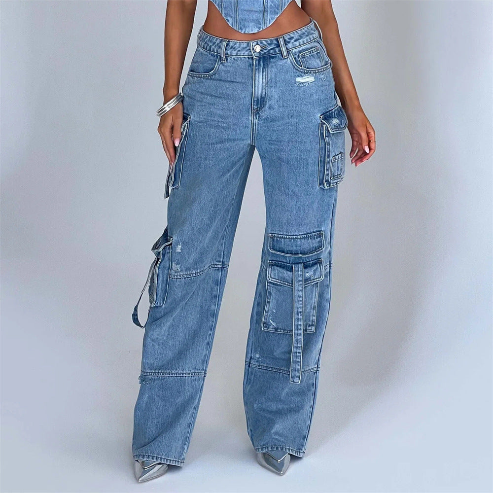 Women's  Low Waist Three-dimensional Tube Top And Pocket Stitching Jeans Pants suit