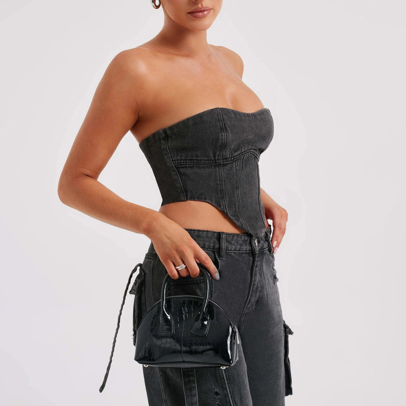 Women's  Low Waist Three-dimensional Tube Top And Pocket Stitching Jeans Pants suit