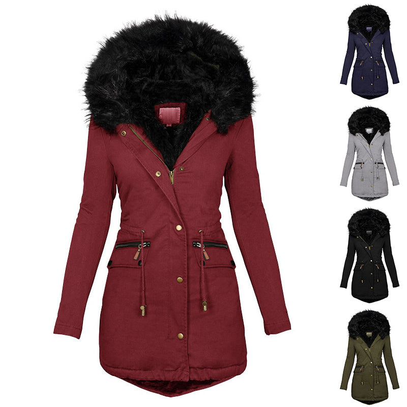 Women's Plush Hooded Parkas Winter Warm Thick  Zip-up Jackets Casual Mid-length with Solid Buckle Pockets.