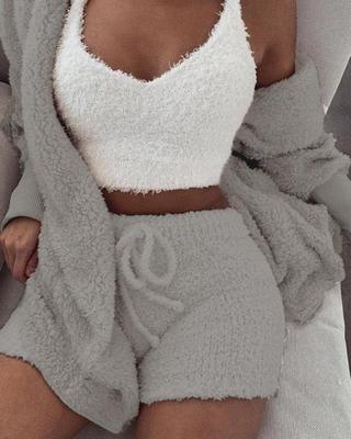 Women’s (3pcs) Pajama Set Long Sleeve Robe Crop top Tank Drawstring Shorts