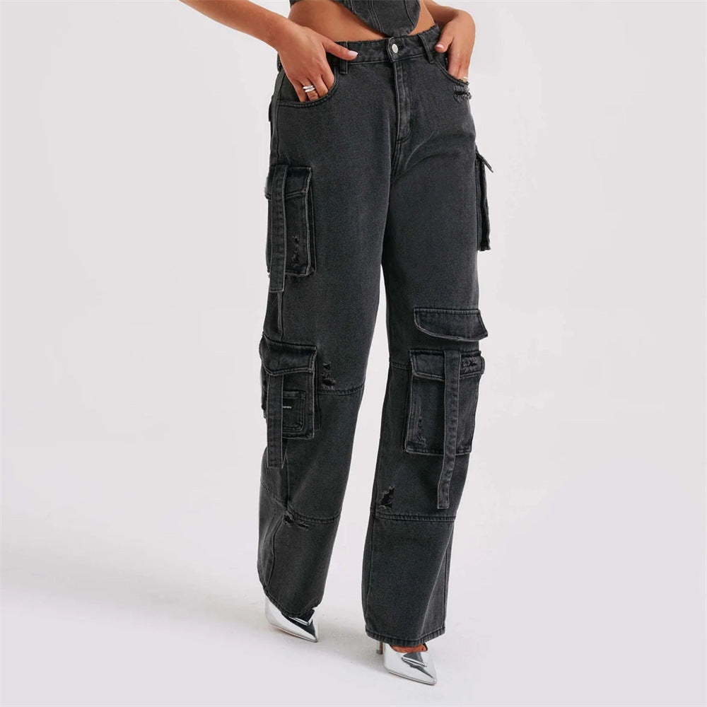 Women's  Low Waist Three-dimensional Tube Top And Pocket Stitching Jeans Pants suit