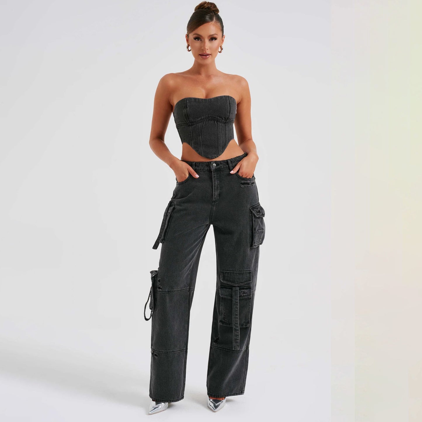 Women's  Low Waist Three-dimensional Tube Top And Pocket Stitching Jeans Pants suit