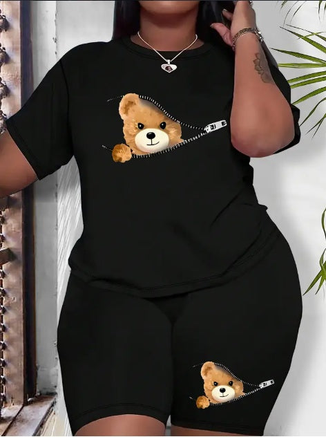 Plus Size Women’s Custom Printed Bear Shorts Set