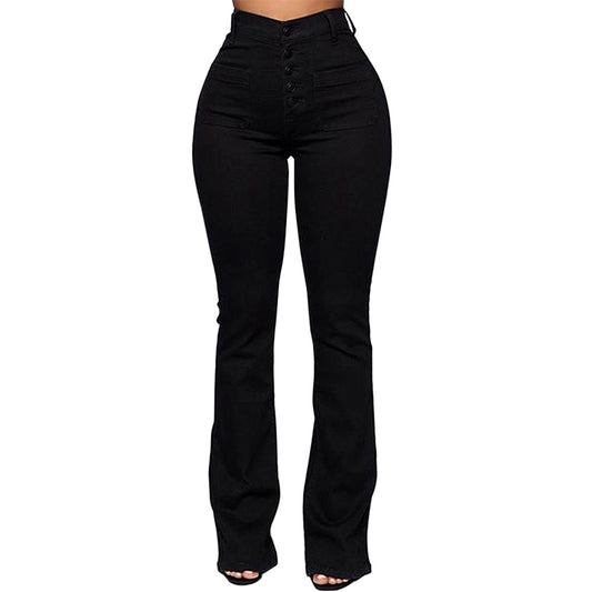 Pencil Style Ladies Buttoned Patch Pockets Washed Trousers Jeans